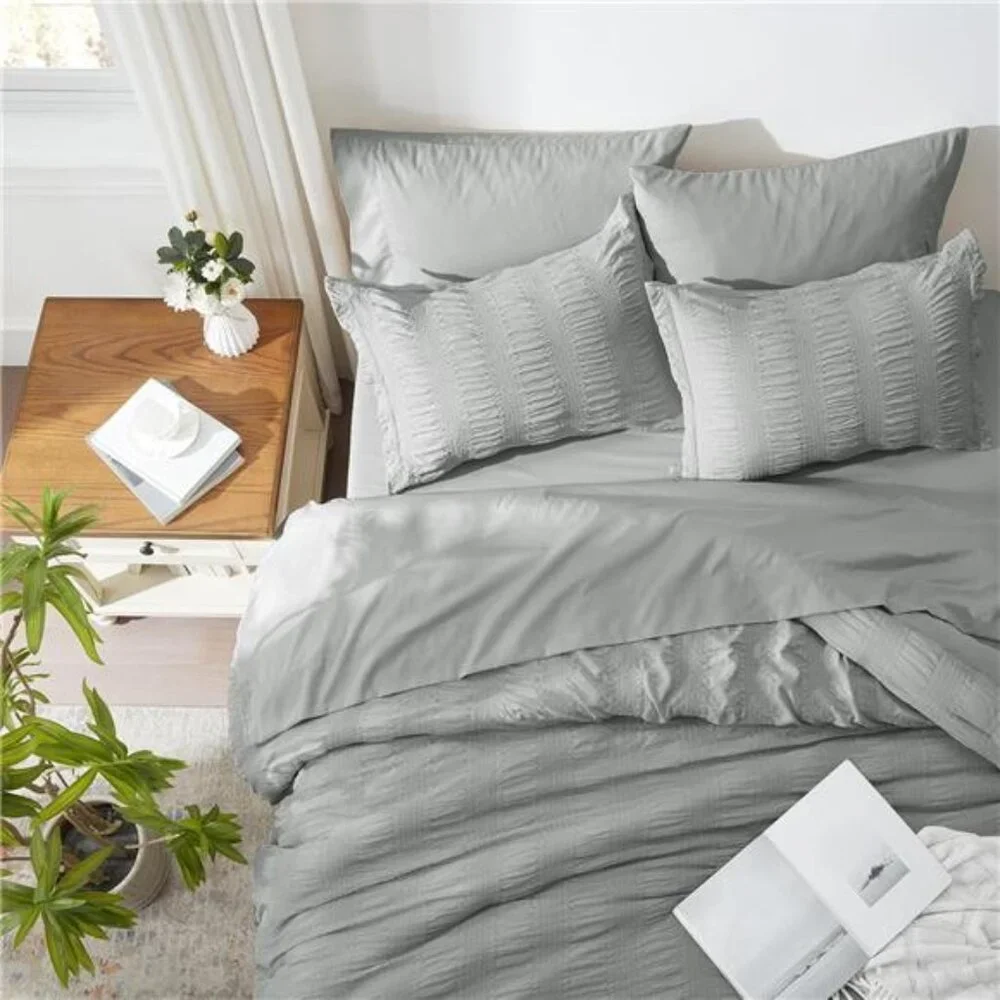New Full Comforter Set 7 Pieces, Grey Seersucker Bed in a Bag with Comforter